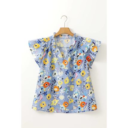 Sky Blue Flutter Sleeve V Neck Floral Top