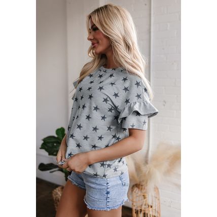 Gray Star Print Tiered Ruffled Sleeve Crew Neck T Shirt