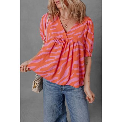 Orange Zebra Stripe Print Ruched Cuff Half Sleeve V Neck Blouse