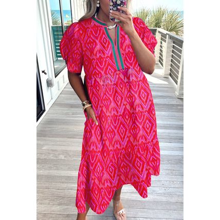 Red Allover Print Contrast Split Neckline Short Puff Sleeve Curvy Dress
