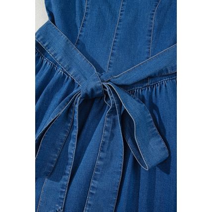 Sail Blue Square Neck Bowknot A-line Sleeveless Denim Dress
