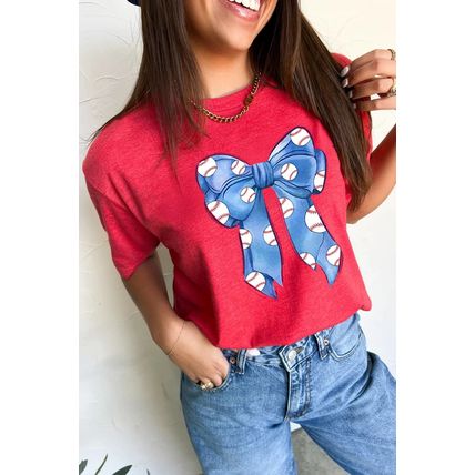 Red Rugby Bowknot Graphic Crew Neck Tee