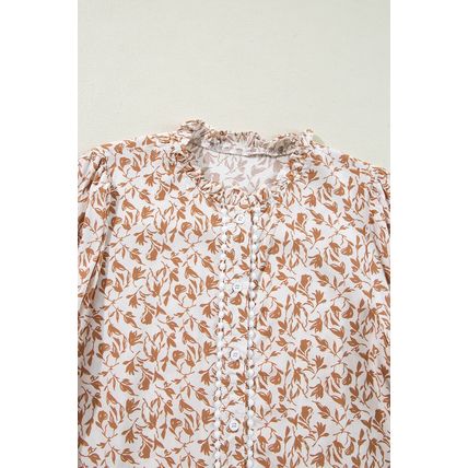 Khaki Printed Lace Detail Floral Puff Sleeve Fall Shirt