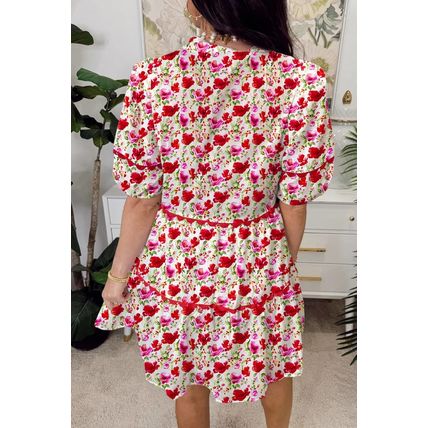 Red Floral Puff Sleeve Tiered Ric Rac Pocketed Mini Dress