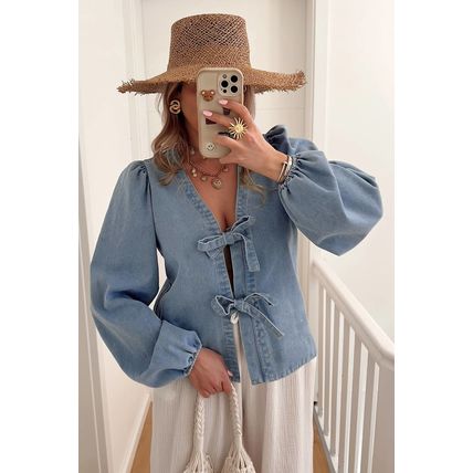 Dusk Blue Tied Front Long Puff Sleeve Denim Top