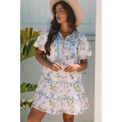 Pink Floral Striped Print Contrast Trim Tie Split Neck Mini Dress