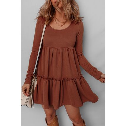 Straw Yellow Ribbed Frilled Trim High Waist Long Sleeve Mini Dress