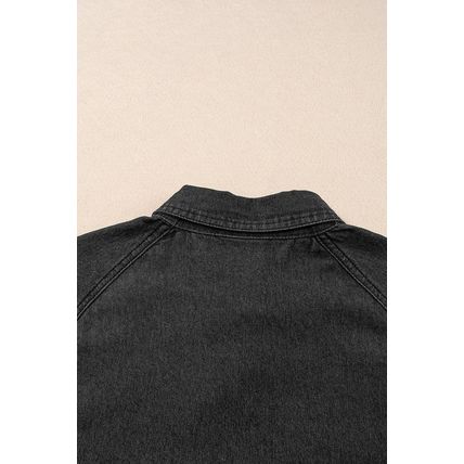 Black Frilled Short Sleeve Button Up Loose Denim Shirt Dress