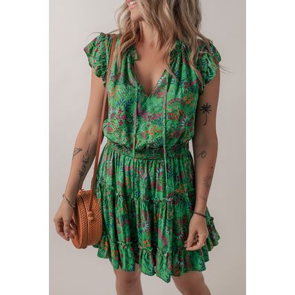 Green Floral Tie Split Neck Frilly Ruffle Trim Tiered Short Dress