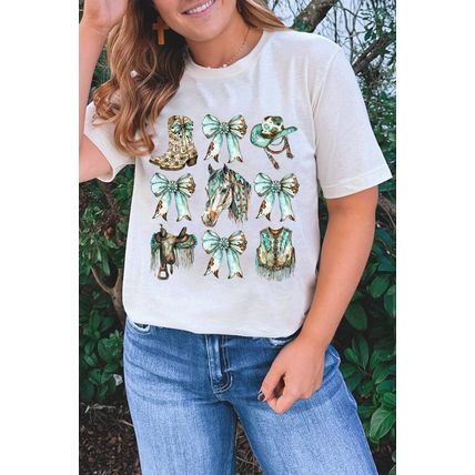 White Horse Bowknot Cowgirl Fashion Print Crewneck Tee