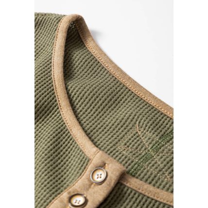 Vineyard Green Color Block Waffle Textured Tunic Henley Top with Slits