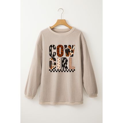 Smoke Gray Western Cowgirl Graphic Corduroy Baggy Sweatshirt