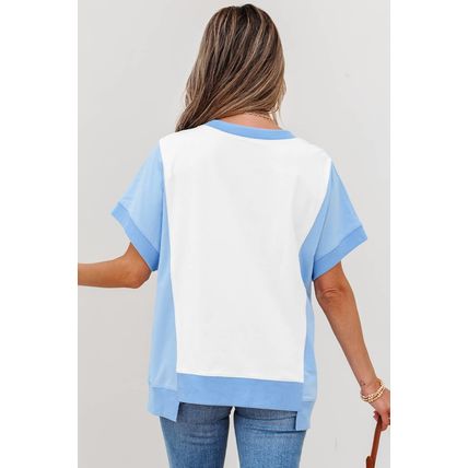 Sky Blue Number 22 Printed Color Block T Shirt