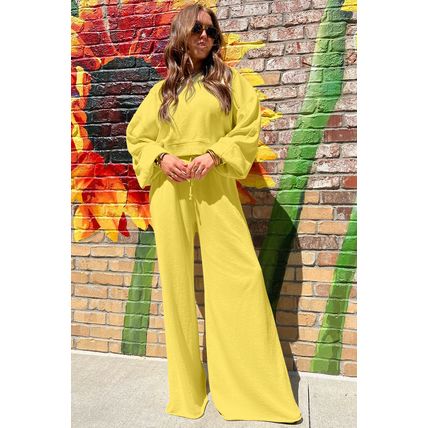 Yellow Cream Drop Shoulder Puff Sleeve Crop Pullover Drawstring Wide Leg Pants S