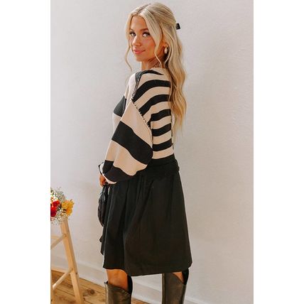 Black Stripe Two in One Knitted Top High Waist Splicing Hem Sweater Dress