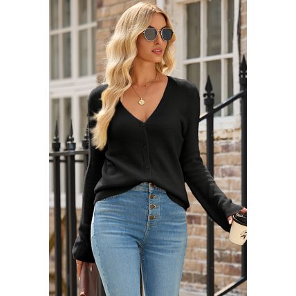 Black Lightweight Ribbed Knit Button Front V Neck Cardigan