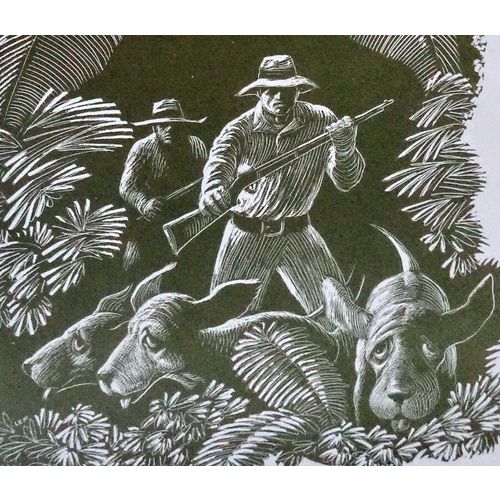 Vintage Everett Woodcut Hunting Dogs Jungle Animals Print Children Decor Art