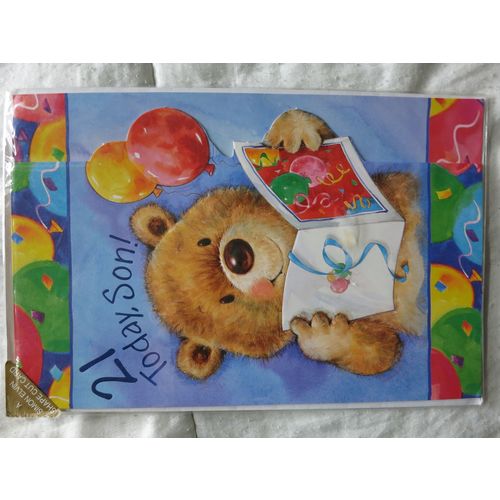 Card Birthday 21 Today Son Teddy Bear Balloons Big A4 Portrait