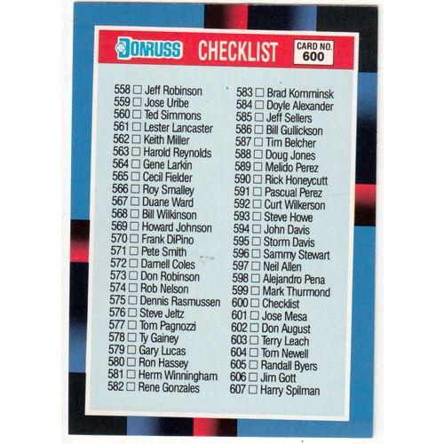 1988 Donruss Baseball Checklist unmarked card #600