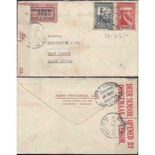 Portuguese Mozambique Africa 1942 REGISTERED CENSORED Lourenco Marques to SA