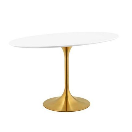 48" White Oval Lacquered Wood Top Pedestal Stem Dining Table Gold Metal Base