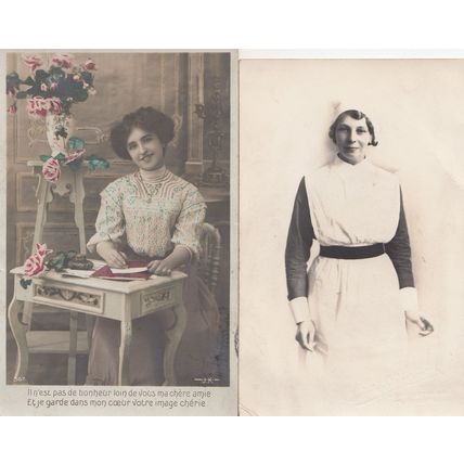 French Letter Writing Tiny Waist House Maid 2x France Old Postcard s