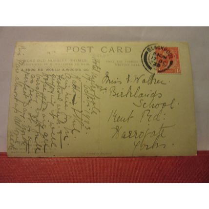 A frog, he would a-wooing go, NURSERY RHYME used antique postcard 1923 pm /