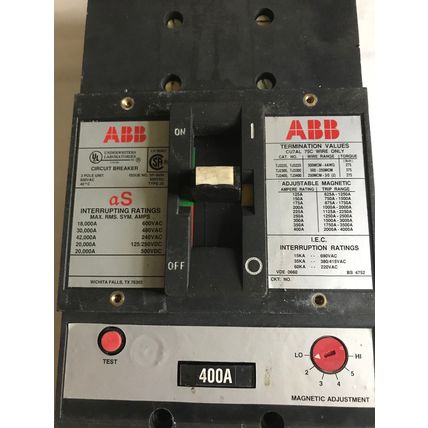 ABB SP-9954 CIRCUIT BREAKER,400 A,3-POLE,600 vac/250 vdc,ABB JS,CU7AL 75C,TA,AA