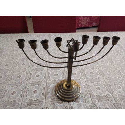 Vintage Early 20C Wide Judaica Silver-Plated Chanukah Menorah Marked 100, W 30cm