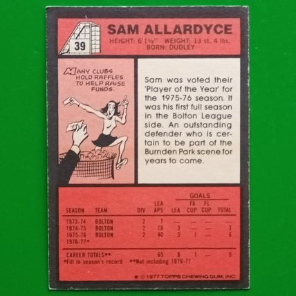 TOPPS FOOTBALL RED BACK 1977 #39 Bolton Wanderers Sam Allardyce