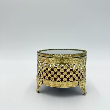 Vtg Ormolu Style Hollywood Regency Footed Circular Jewelry Box Red Velvet Ornate