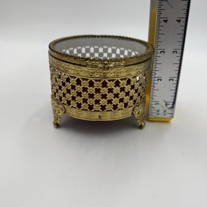 Vtg Ormolu Style Hollywood Regency Footed Circular Jewelry Box Red Velvet Ornate