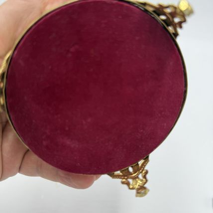 Vtg Ormolu Style Hollywood Regency Footed Circular Jewelry Box Red Velvet Ornate
