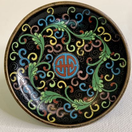 Antique Chinese Metal Cloisonné Saucer Bowl Trinket Dish Longevity Long Life 3.5