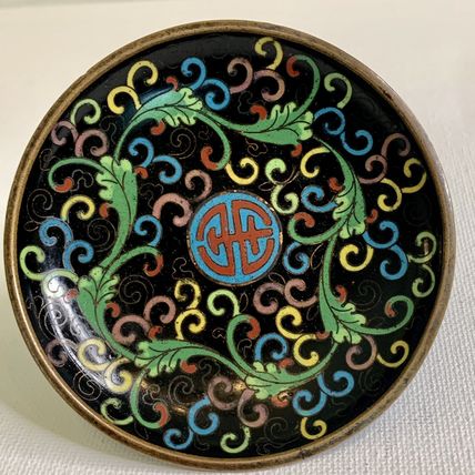 Antique Chinese Metal Cloisonné Saucer Bowl Trinket Dish Longevity Long Life 3.5