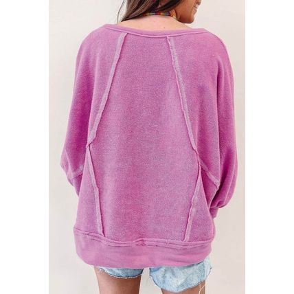 Pink Exposed Seam Round Neck Terry Pullover