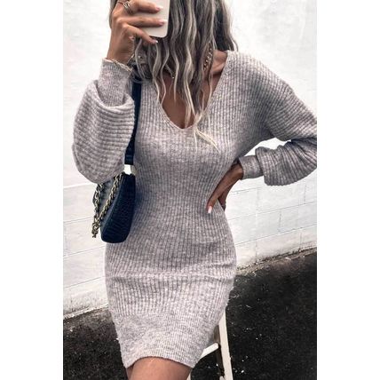 Gray V Neck Bodycon Sweater Dress