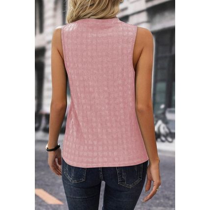 Pink Lattice Textured Split Neck Tank Top