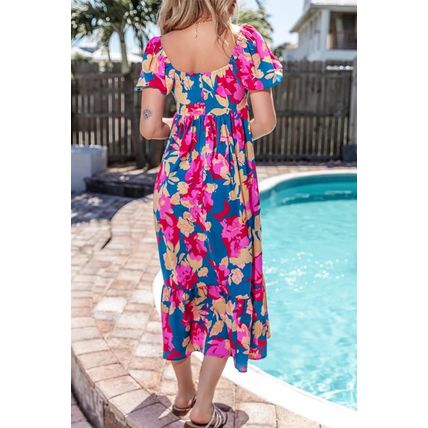 Dark Blue Square Neck Bubble Sleeve Ruffled Floral Dress