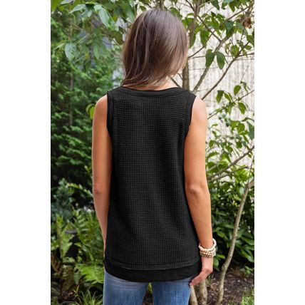 Black Scoop Neck Waffle Knit Flowy Vest