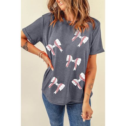 Gray Rugby Bow Knot Print Crewneck Casual T Shirt