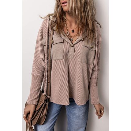 Dark Brown Flap Pocket Patchwork Corded Drawstring Hoodie