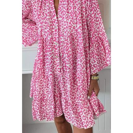 Bright Pink Leopard Printed Long Sleeve Buttoned Front Mini Dress