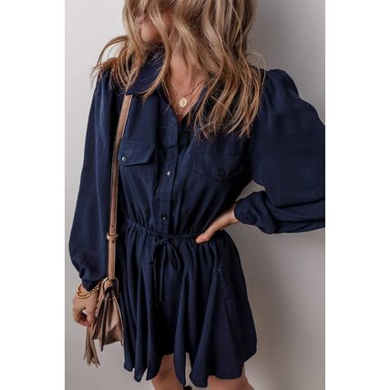 Navy Blue Solid Chest Pockets Tunic Shirt Mini Dress