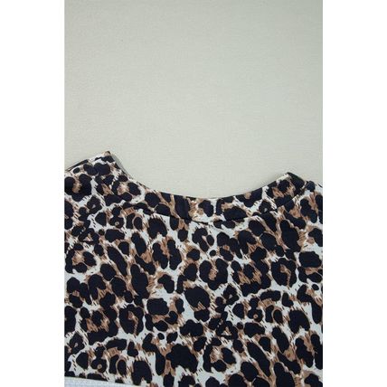 White Leopard Waffle Knit Patchwork Button V Neck Top