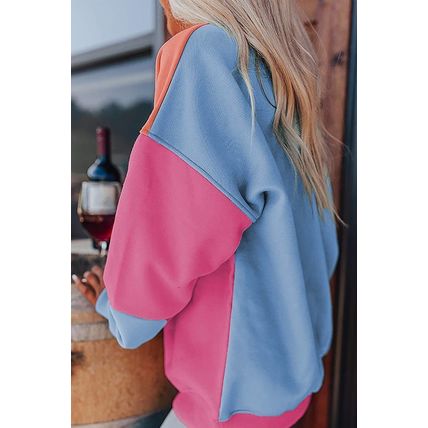 Bright Pink Colorblock Patchwork Drop Shoulder Sweatshirt