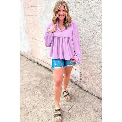 Phalaenopsis Corded Turn-down V Neck Bubble Sleeve Babydoll Blouse