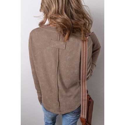 Coffee Acid Wash Waffle Knit Buttoned Neckline Long Sleeve Top