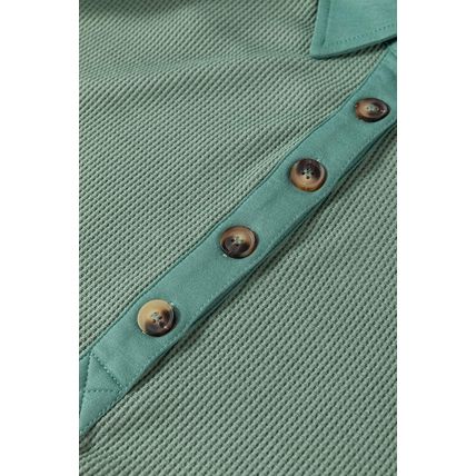Smoke Green Waffle Long Sleeve Collar Half Button Loose Top