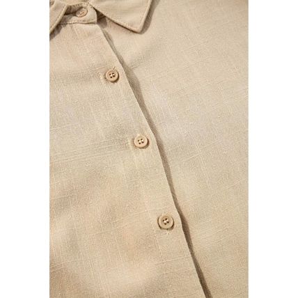 Tan Puff Sleeve Buttoned Tiered Pleated Shirt Mini Dress